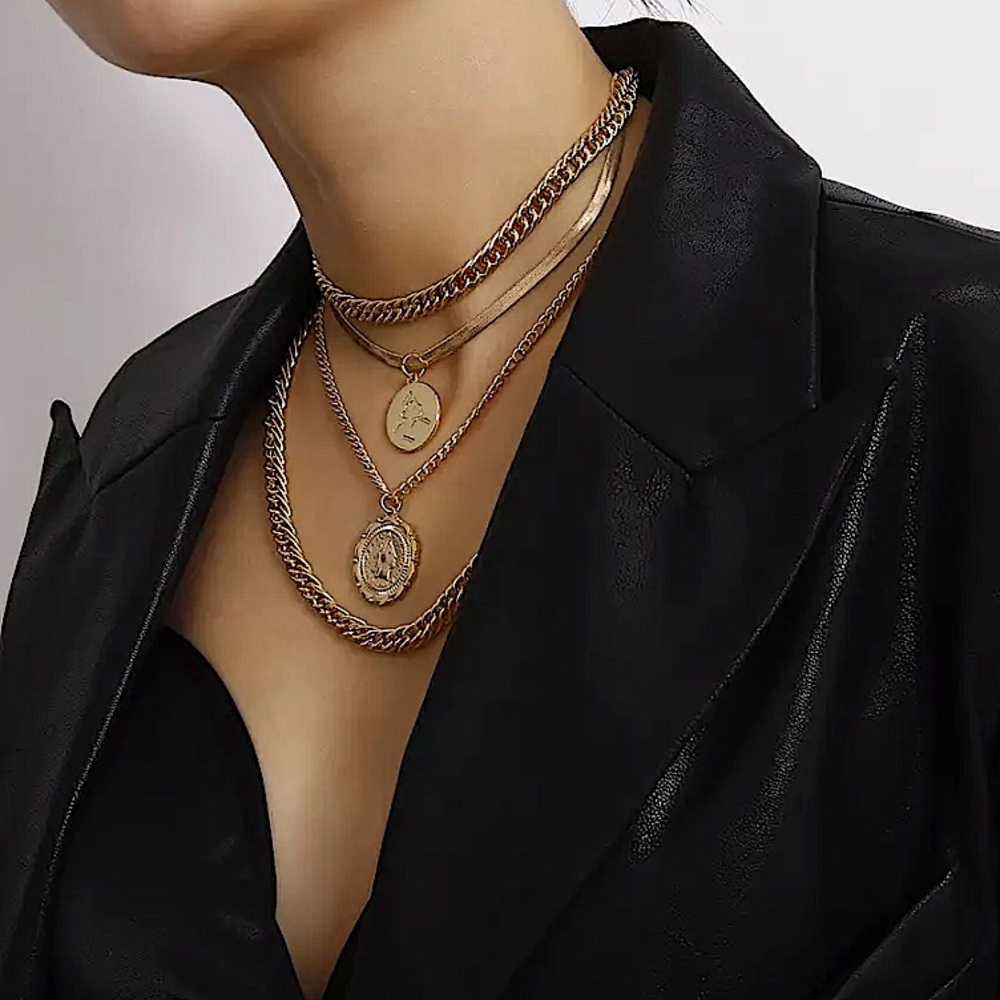 GOLD COIN VINTAGE MULTILAYER MINIMALIST NECKLACE - Picture 4 of 7